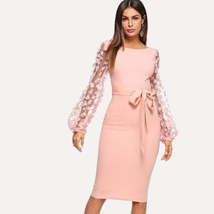 SHEIN 3D Mesh Lantern Sleeve Corset Waist Pencil Dress